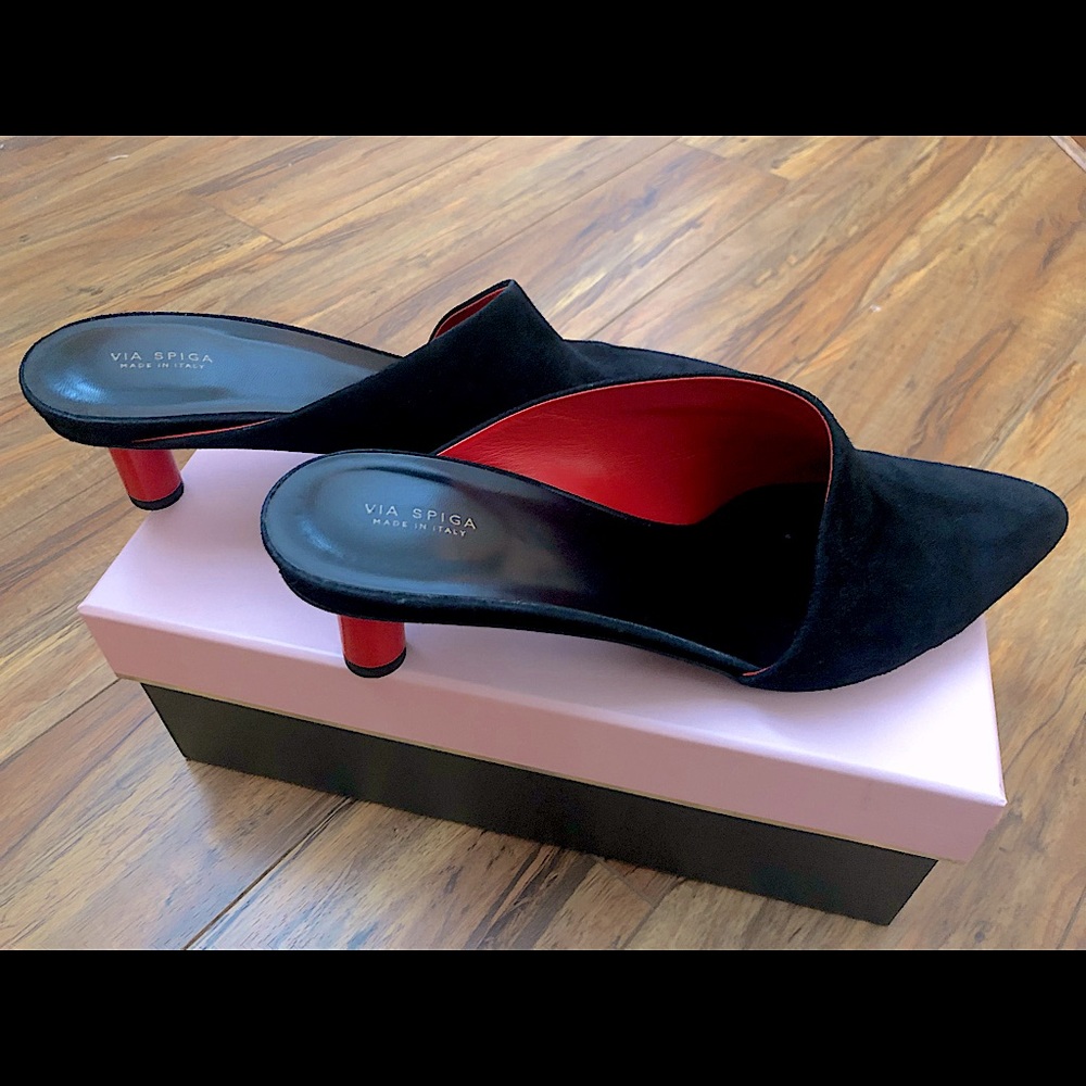 Via Spiga slip on black suede heels